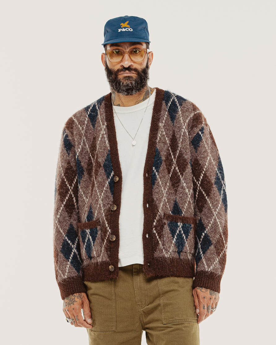 Fairway Brushed Cardigan - Brown Argyle