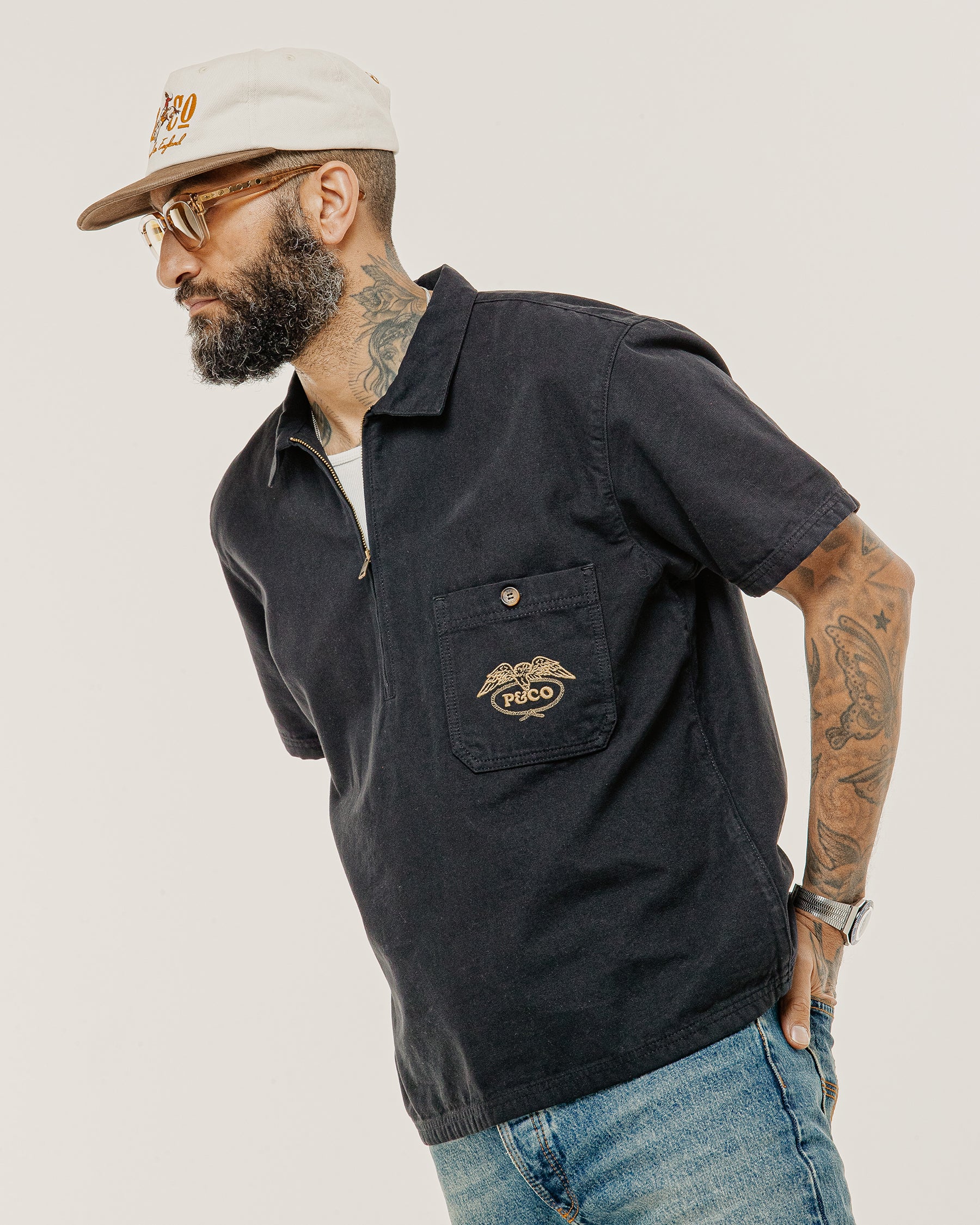 1/4 Zip Eagle Lasso Work Shirt - Black