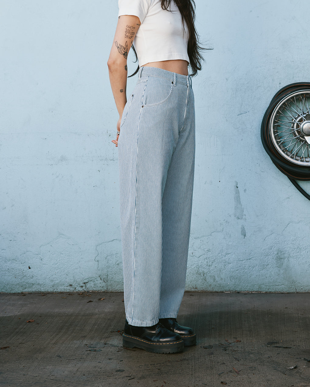 Blue Hickory Stripe Nomad Pant | Women's High-waisted Pants ‐ P&Co
