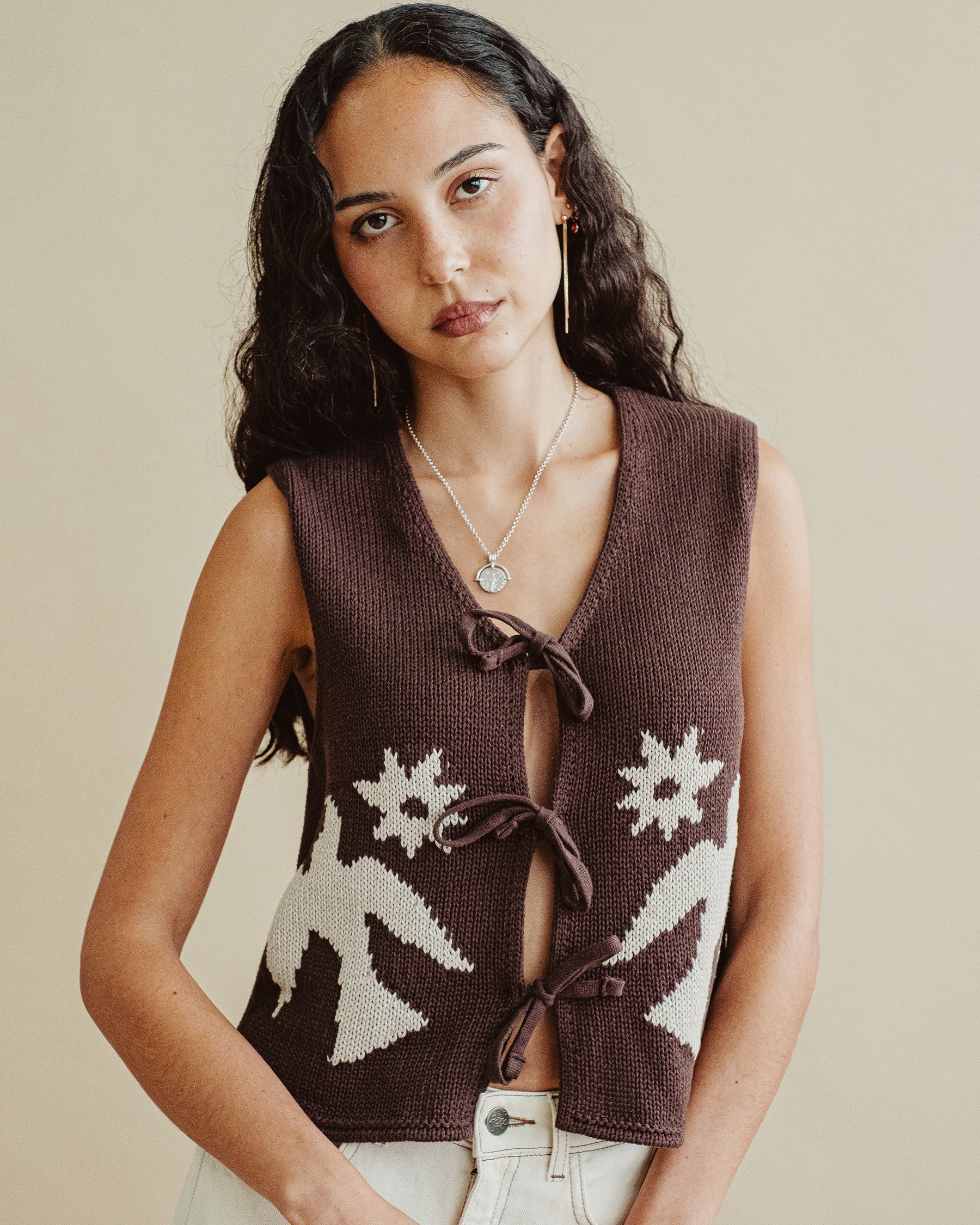 Joni Bow-Tie Knitted Vest - Brown