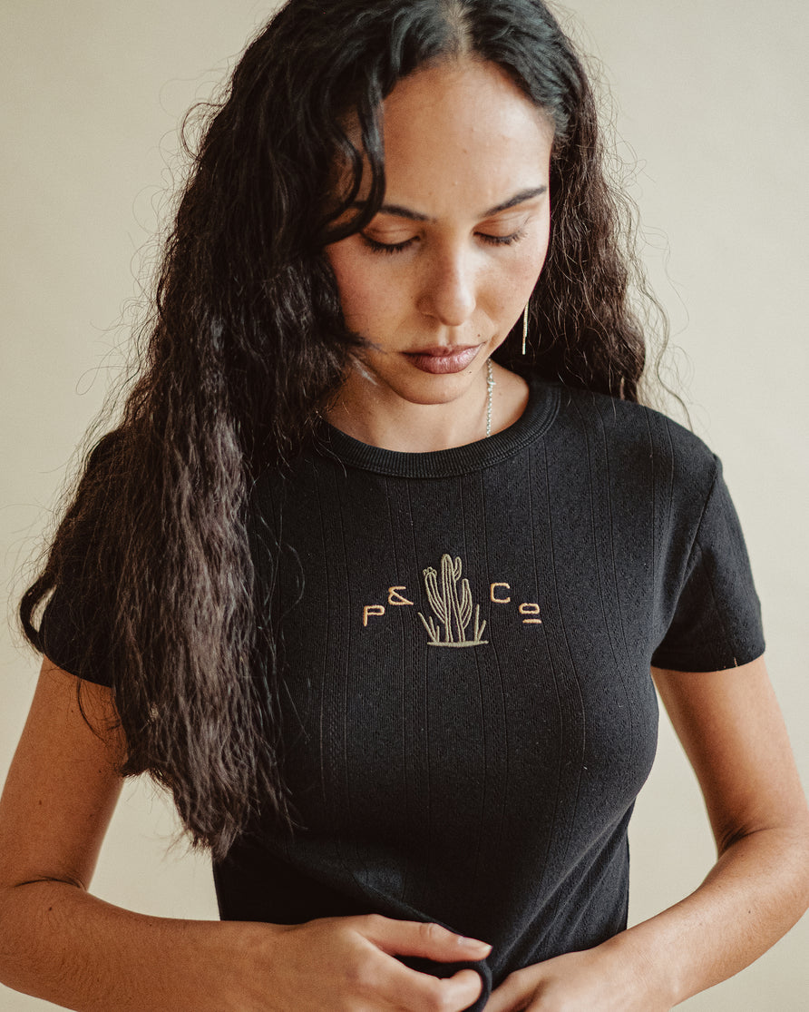 Cactus Embroidered Baby T-Shirt - Washed Black