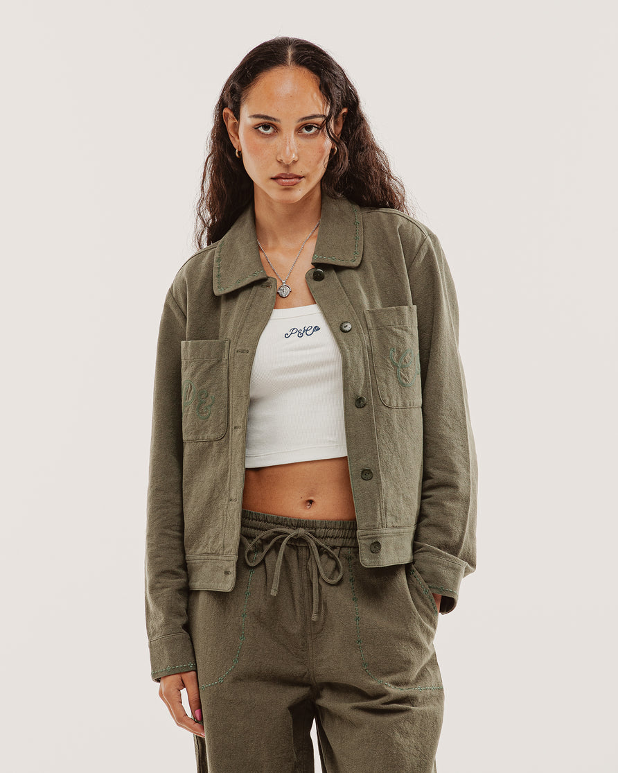 Olivia Embroidered Chore Jacket - Khaki