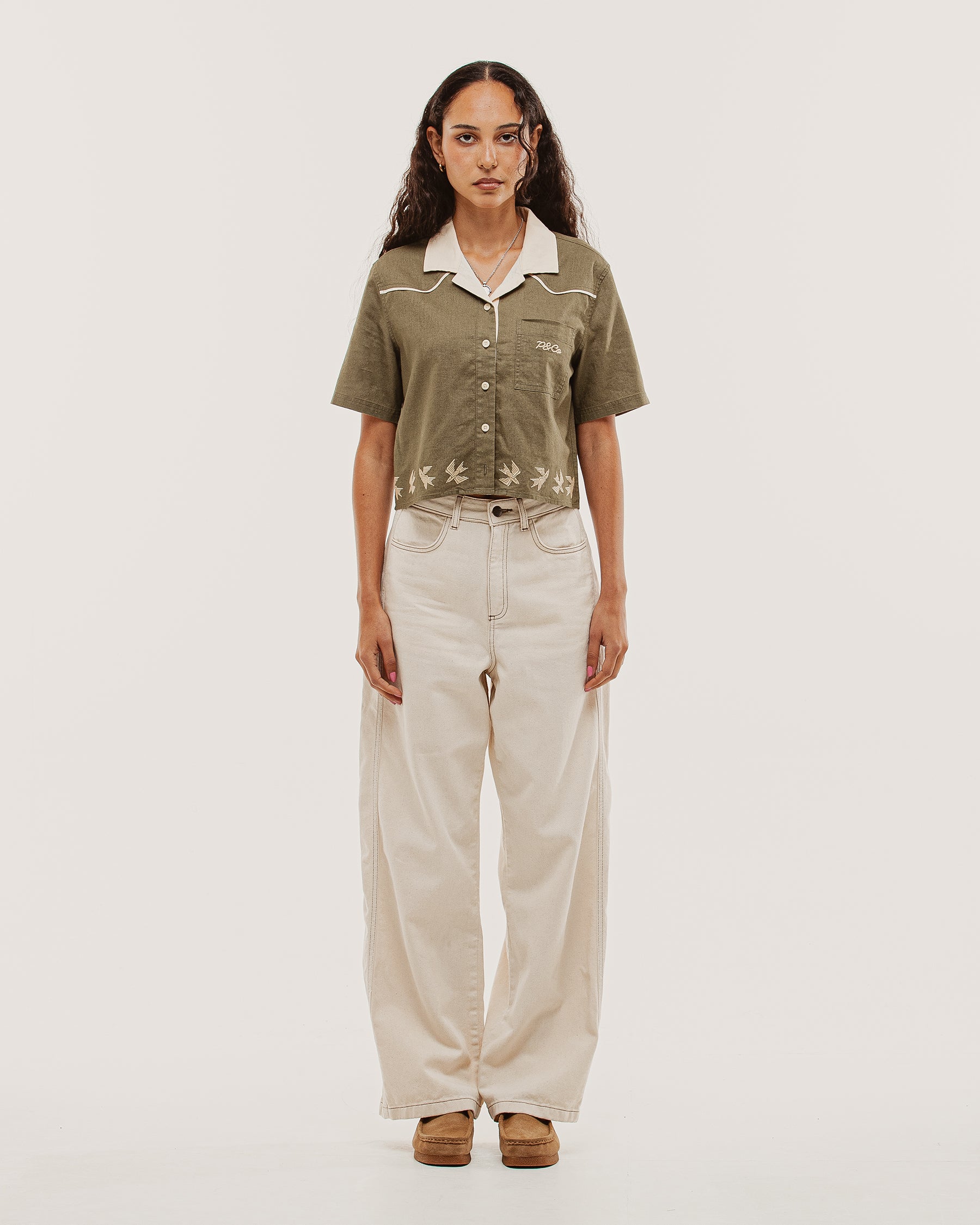 Emmylou Cropped Linen Shirt - Khaki