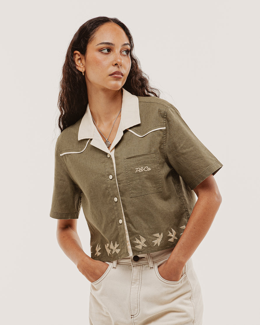 Emmylou Cropped Linen Shirt - Khaki