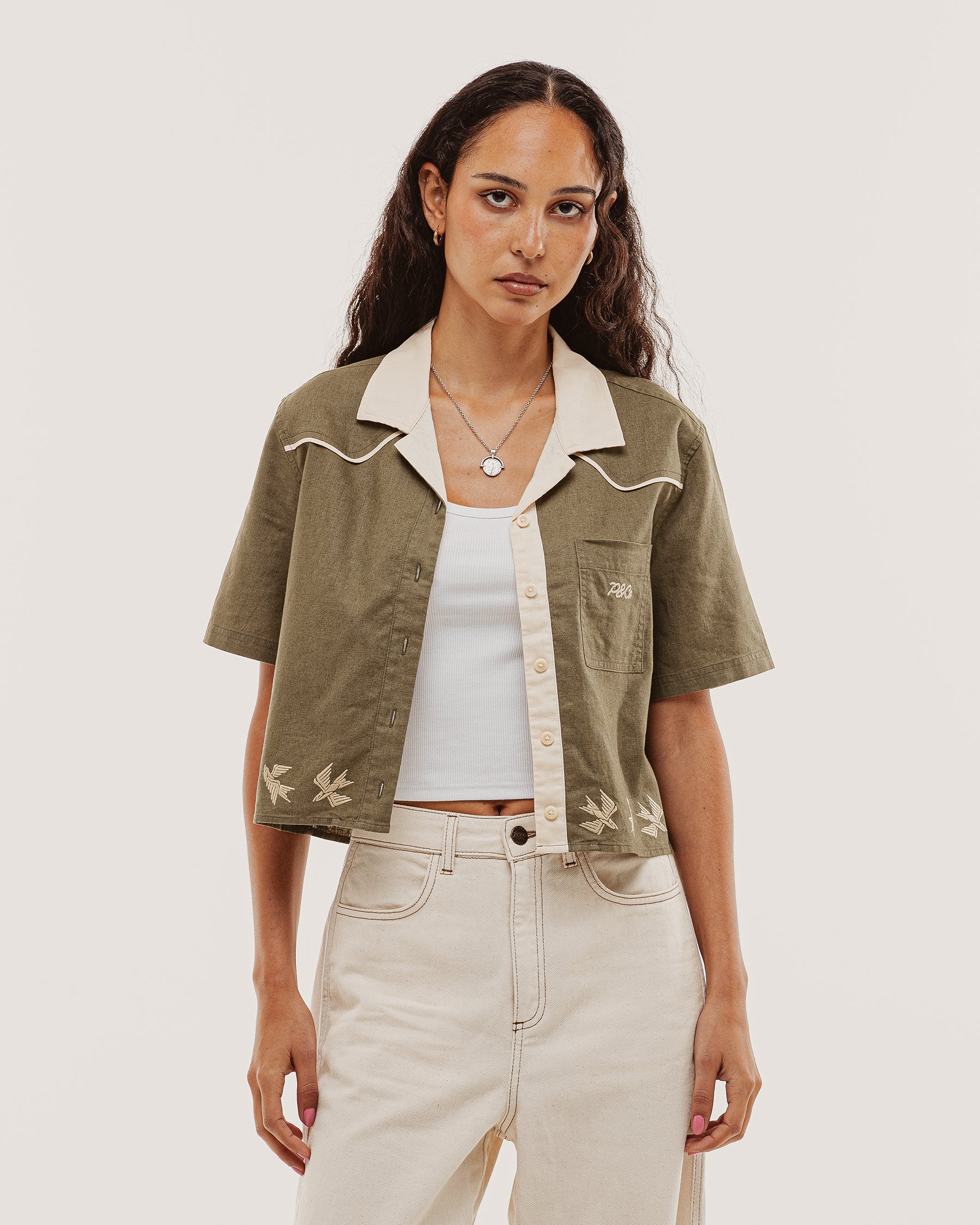 Emmylou Cropped Linen Shirt - Khaki