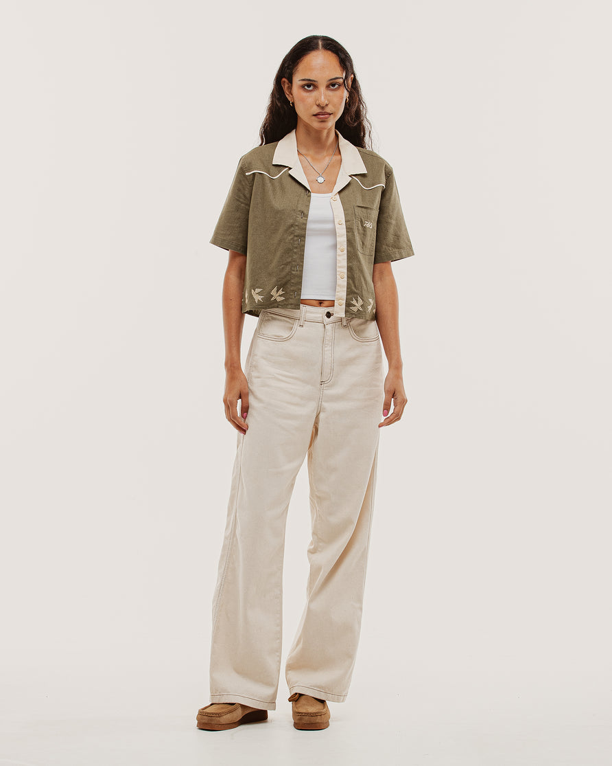 Emmylou Cropped Linen Shirt - Khaki