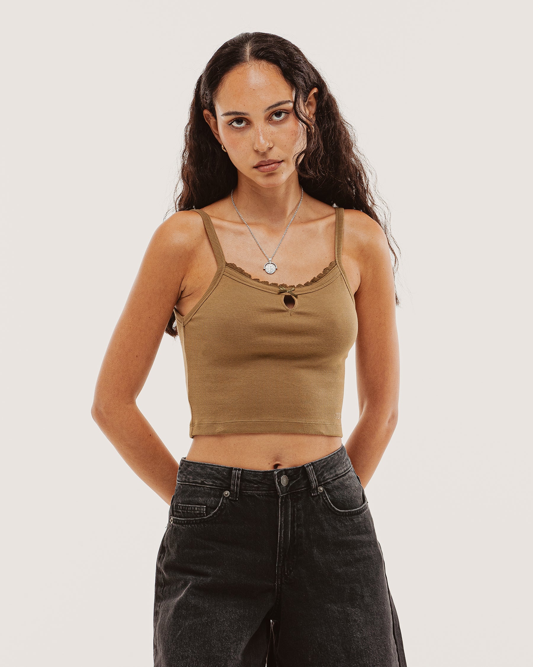 Lexie Lace-Trim Ribbed Cami - Khaki