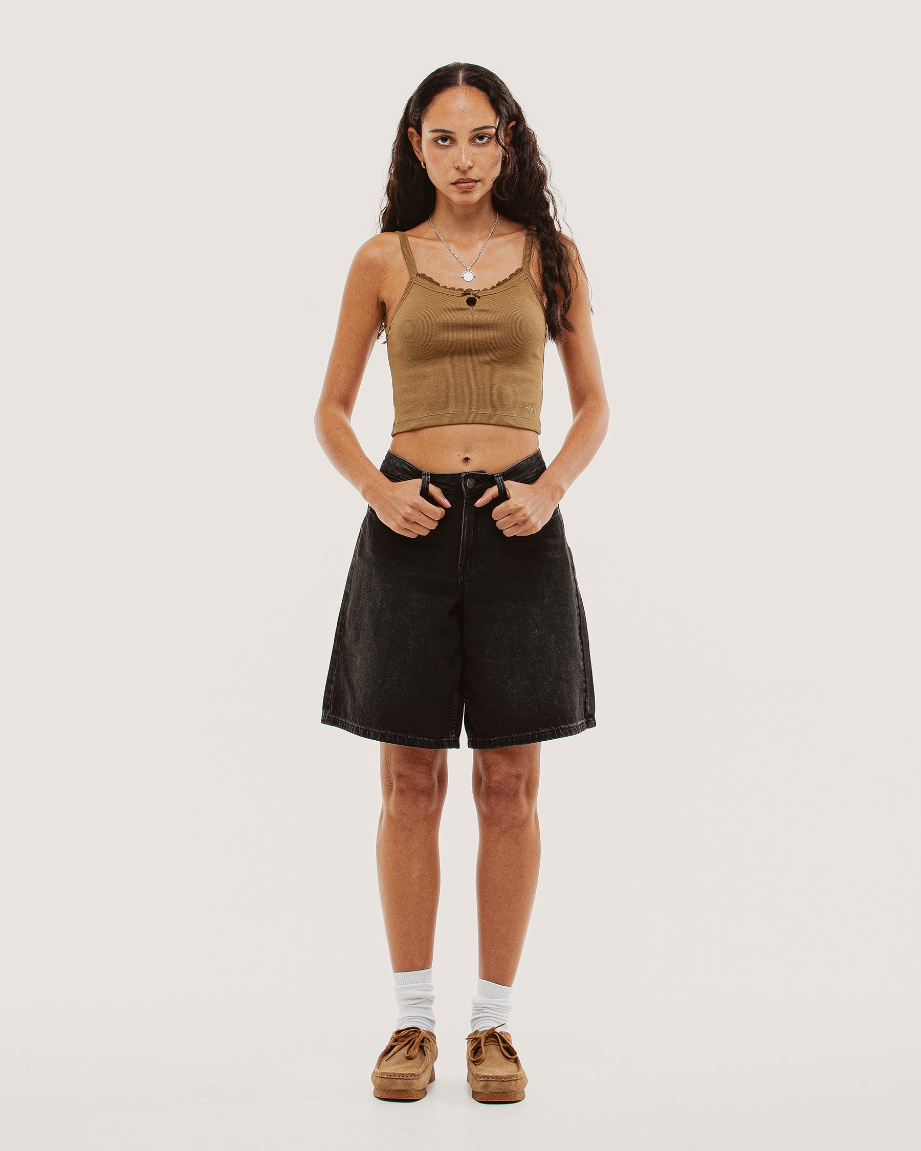 Lexie Lace-Trim Ribbed Cami - Khaki