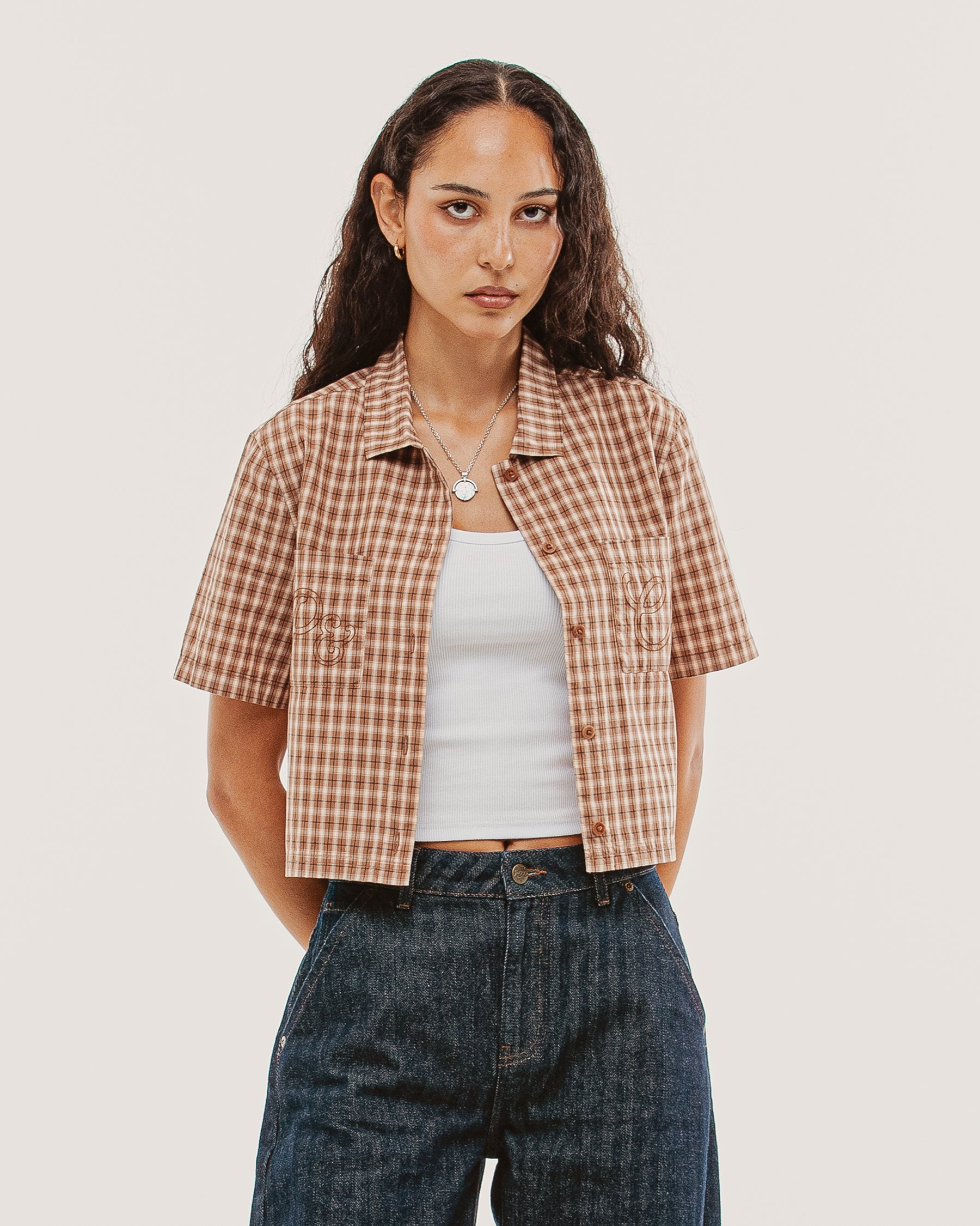 CROPPED SHRITS - graph plaid - サイズ０ Taupe Plaid Françoise Cropped Shirt | Women's Shirts ‐ P&Co - A