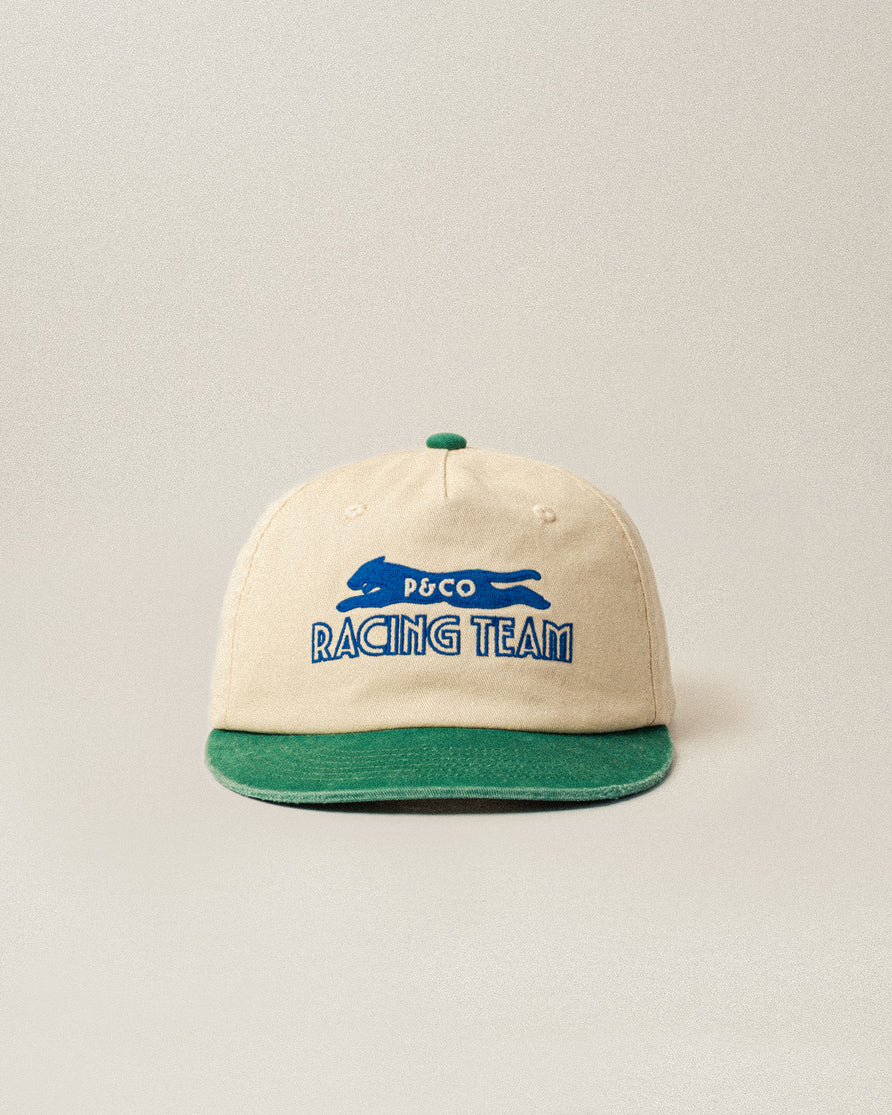 Racing Team Cotton 5 Panel Cap - Ecru & Green