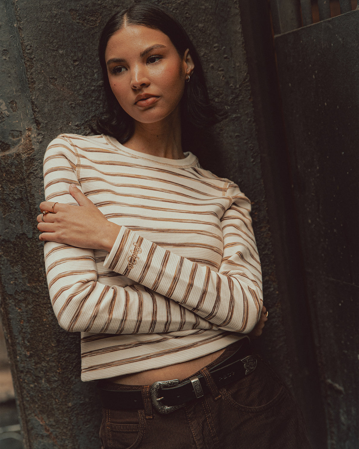 Demi Waffle Longsleeve - Tan Stripe