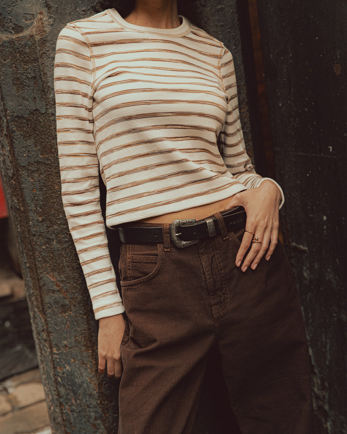 Demi Waffle Longsleeve - Tan Stripe