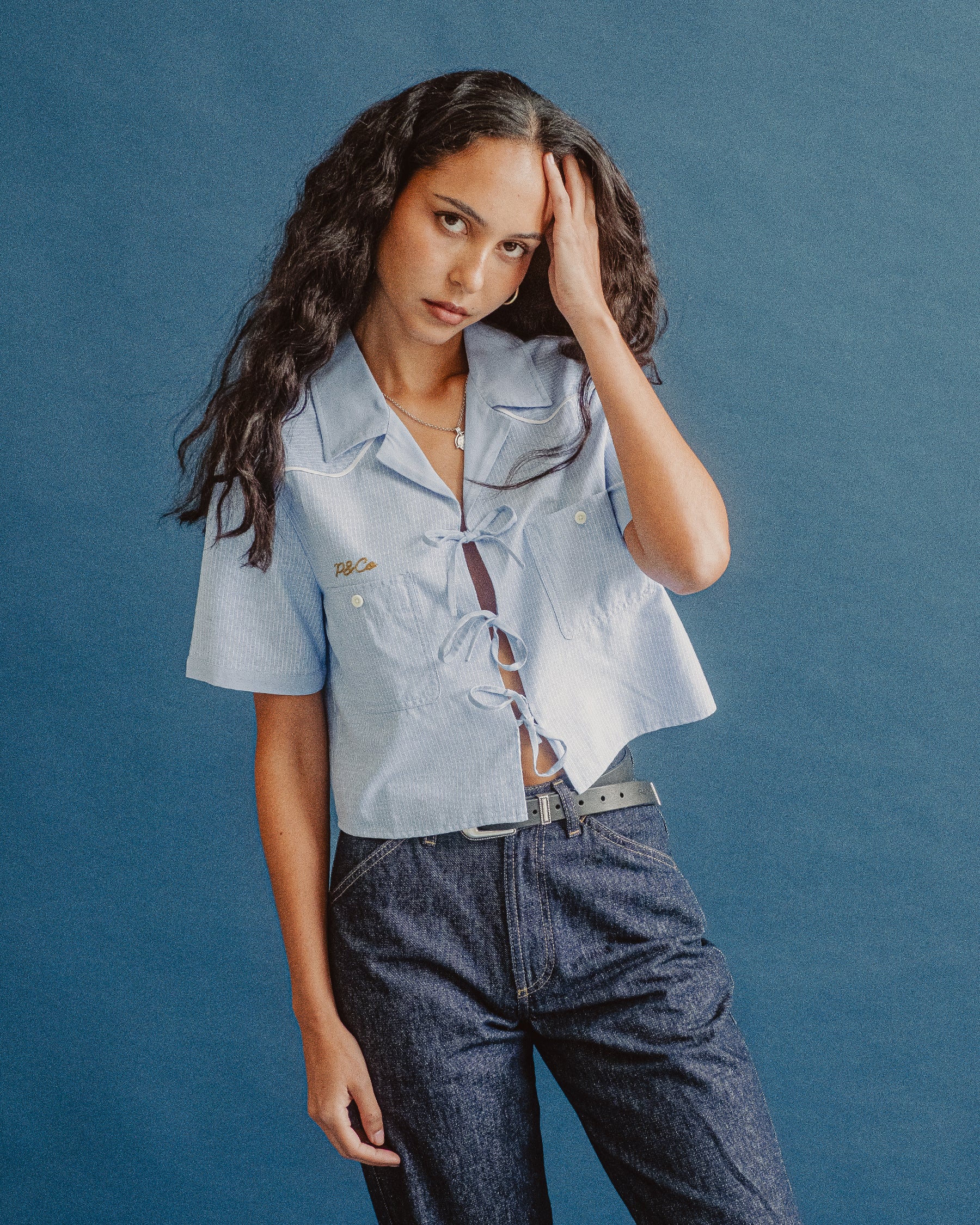 Wildflower Bow-Tie Cropped Shirt - Blue Hickory Stripe