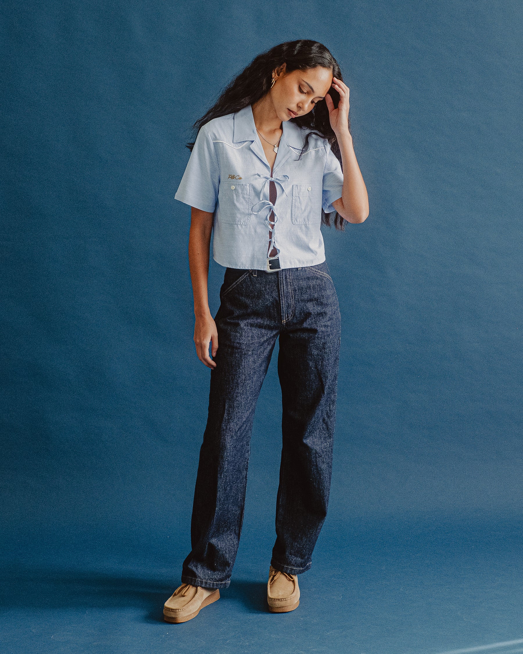 Wildflower Bow-Tie Cropped Shirt - Blue Hickory Stripe