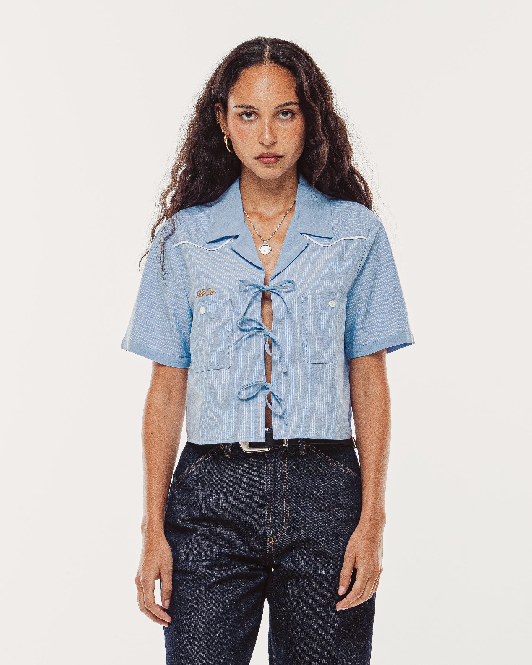 Wildflower Bow-Tie Cropped Shirt - Blue Hickory Stripe