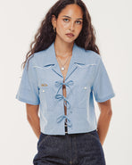 Wildflower Bow-Tie Cropped Shirt - Blue Hickory Stripe