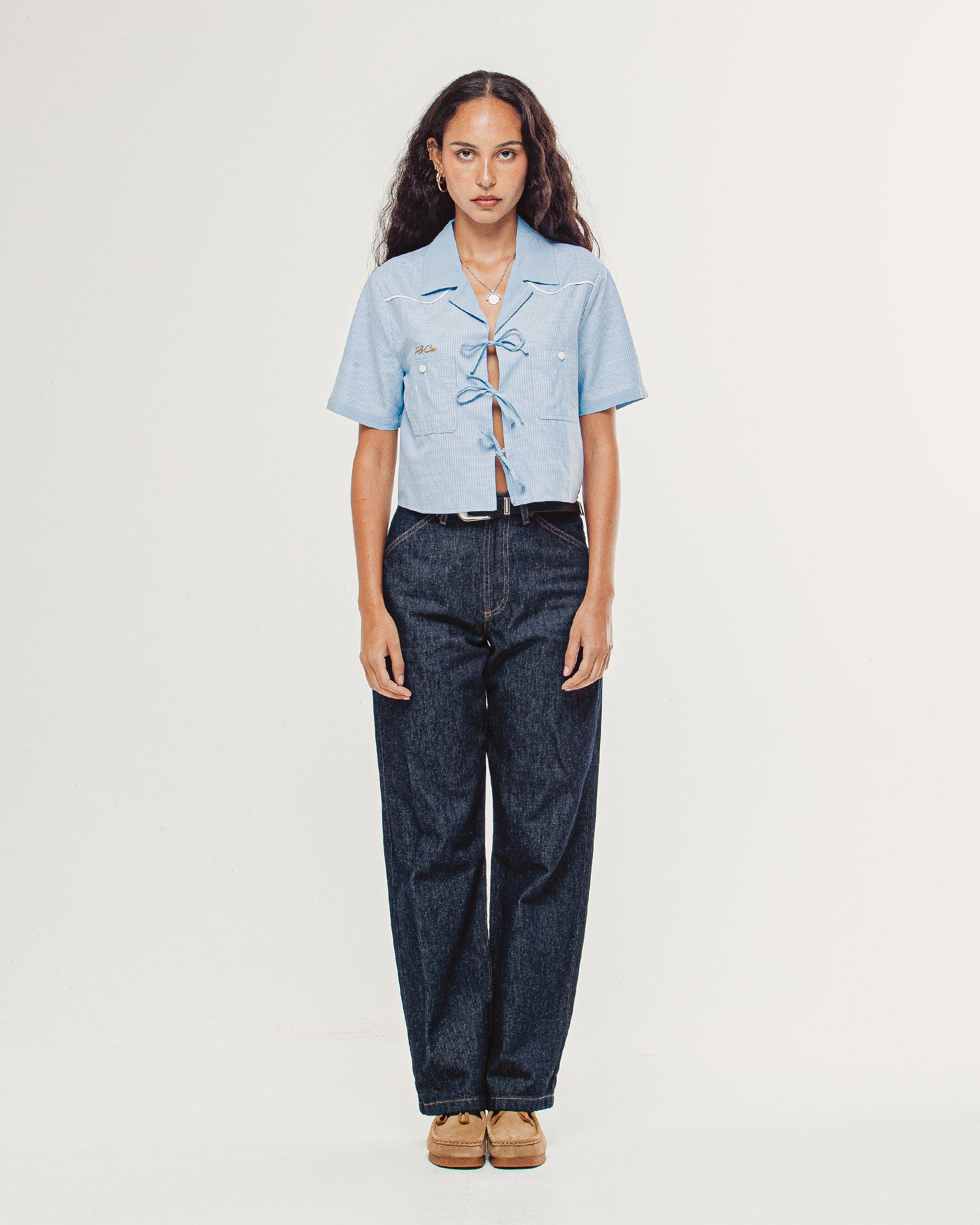 Wildflower Bow-Tie Cropped Shirt - Blue Hickory Stripe