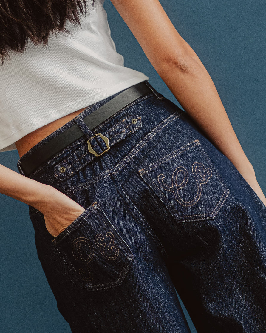 Grace Barrel Leg Herringbone Jean - Washed Indigo