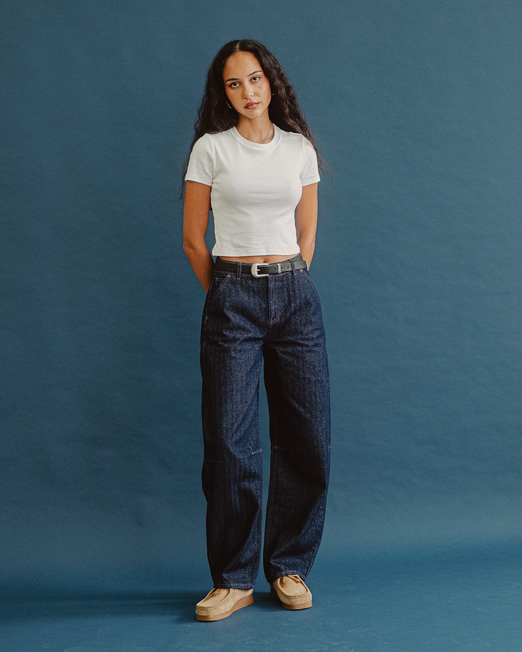 Grace Barrel Leg Herringbone Jean - Washed Indigo