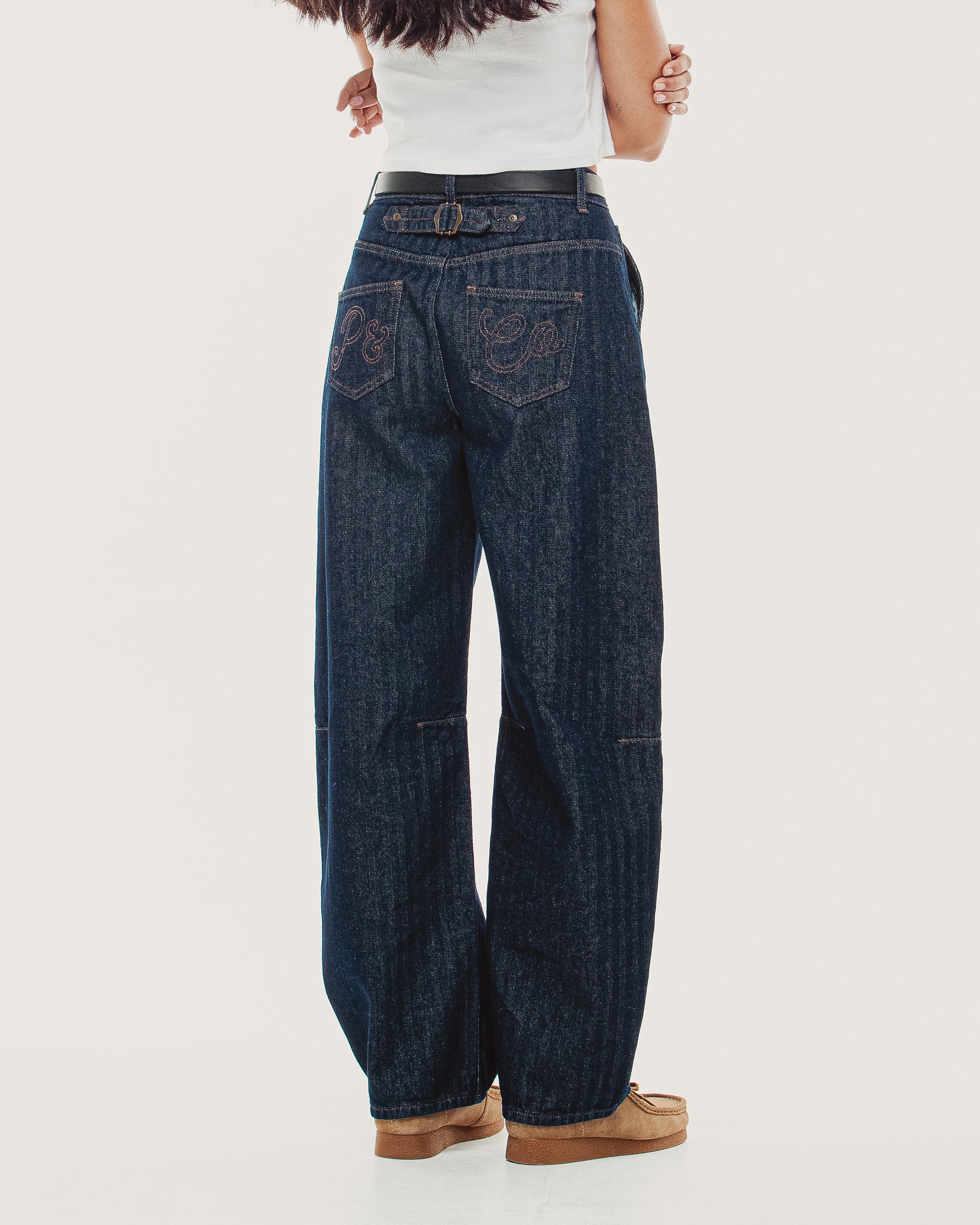 Grace Barrel Leg Herringbone Jean - Washed Indigo