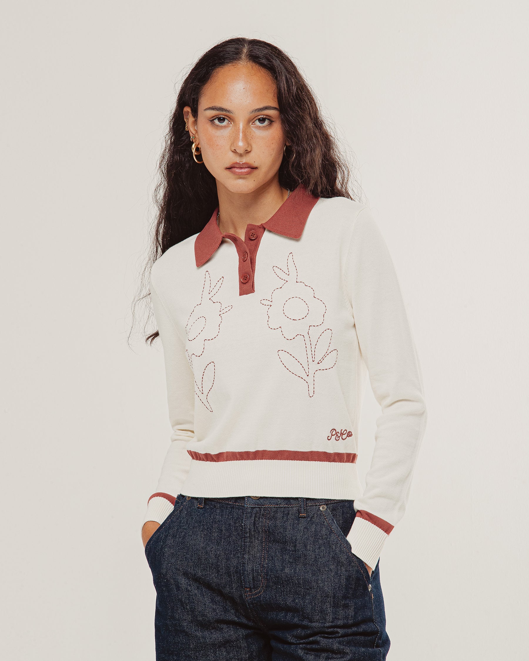 Maisie Longsleeve Knitted Polo - Off White