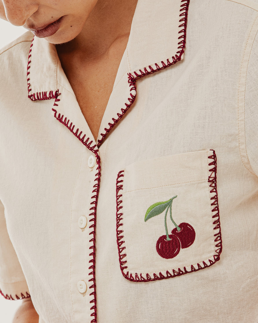 Cherry Embroidered Linen Shirt - Ecru