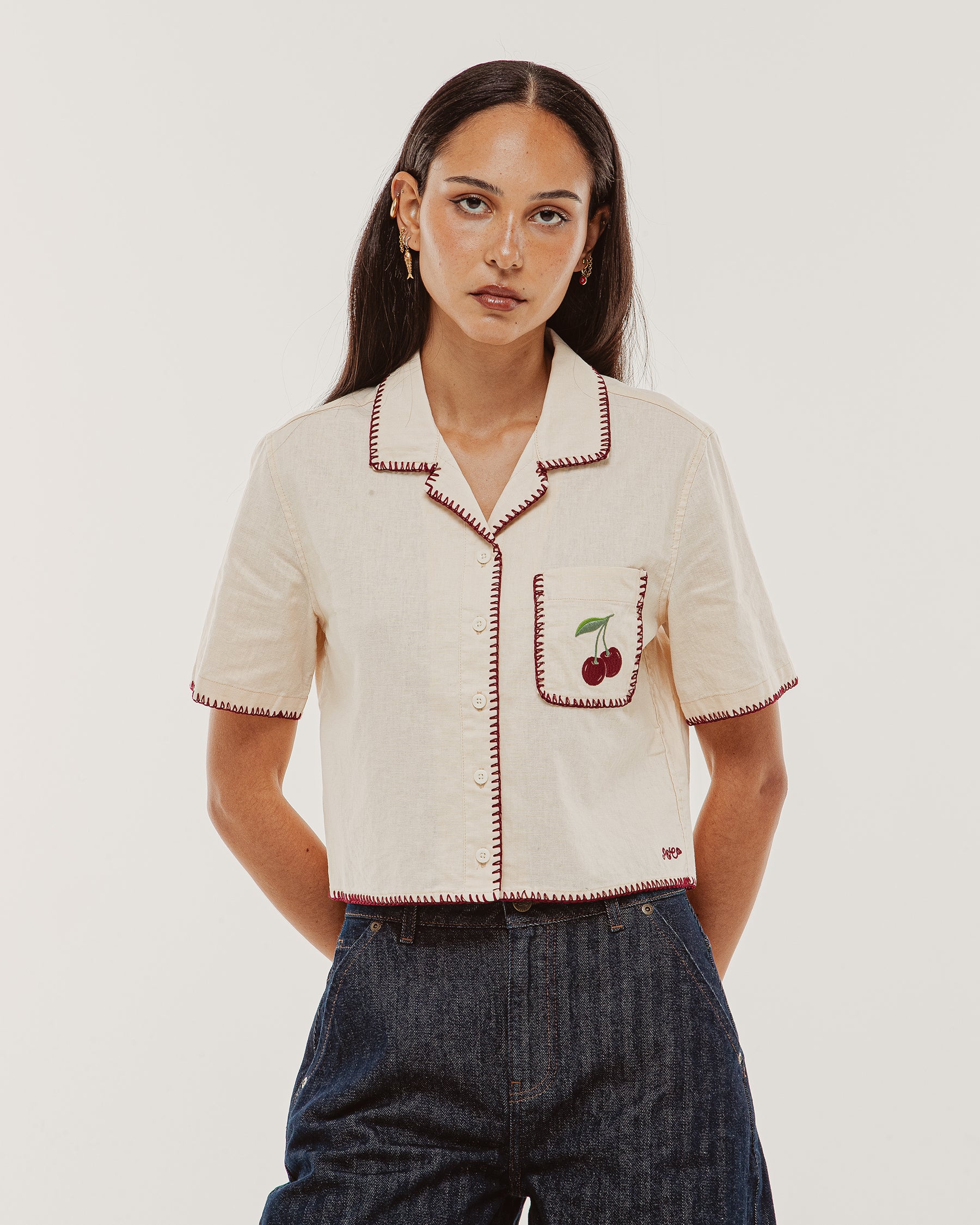 Cherry Embroidered Linen Shirt - Ecru