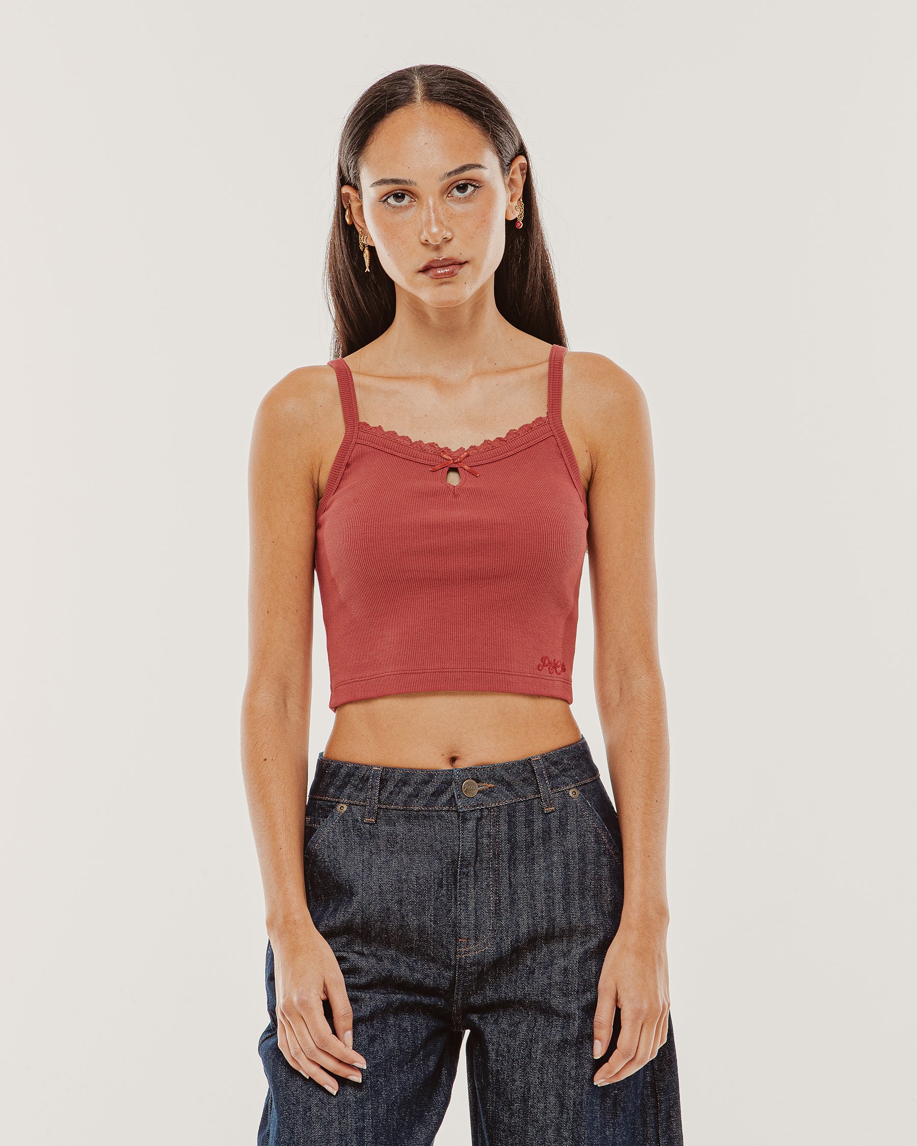 Lexie Lace-Trim Ribbed Cami - Red