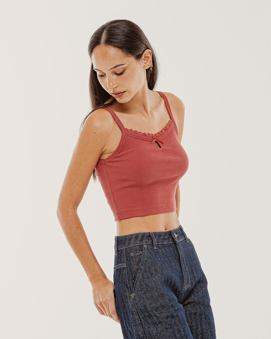 Lexie Lace-Trim Ribbed Cami - Red