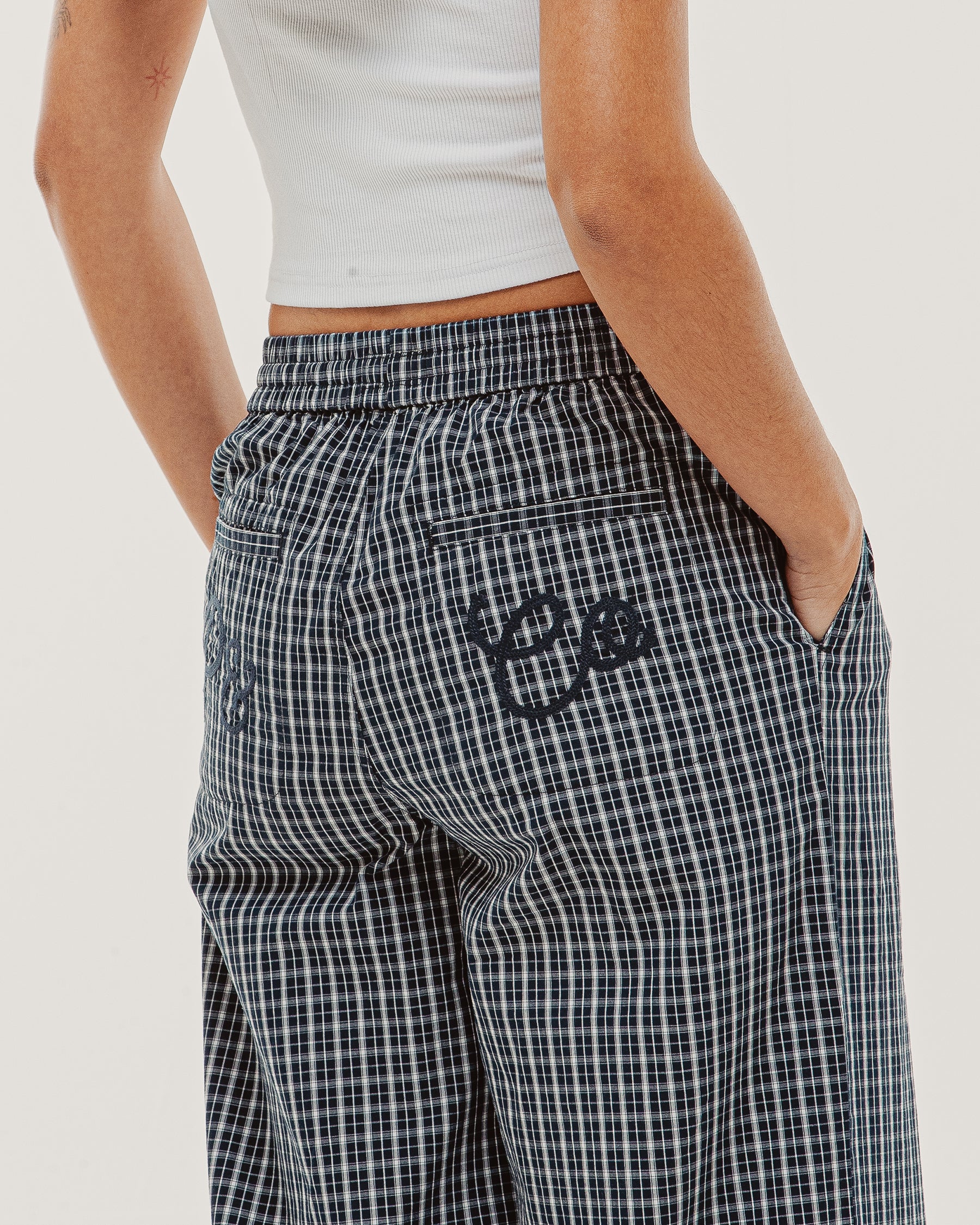 Olivia Drawstring Pant - Navy Plaid