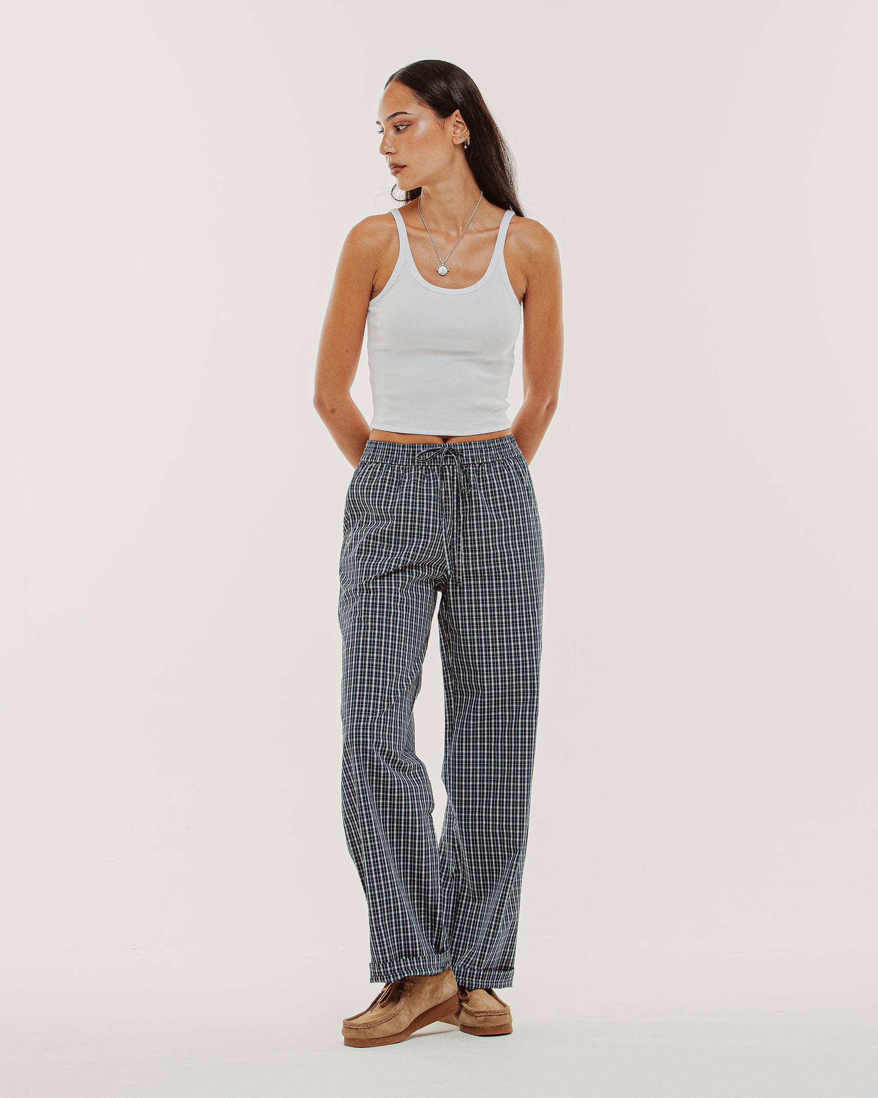 Olivia Drawstring Pant - Navy Plaid