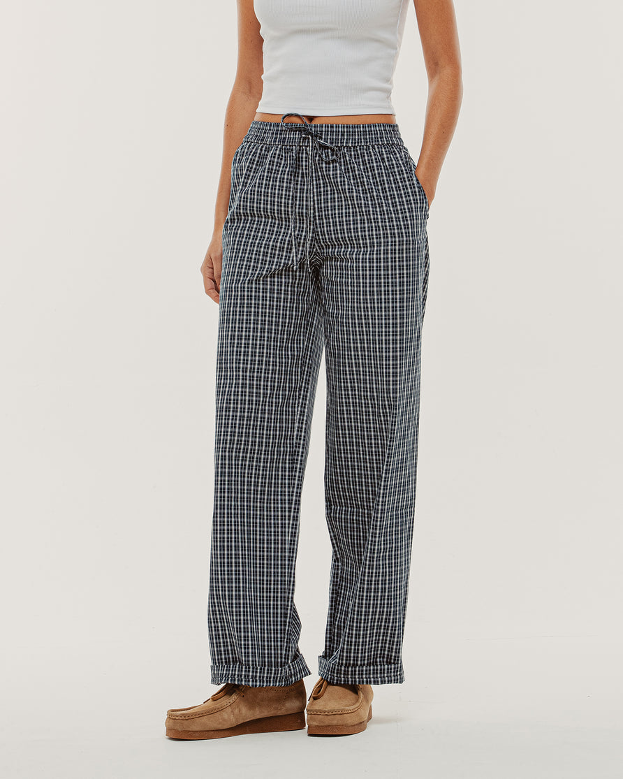 Olivia Drawstring Pant - Navy Plaid