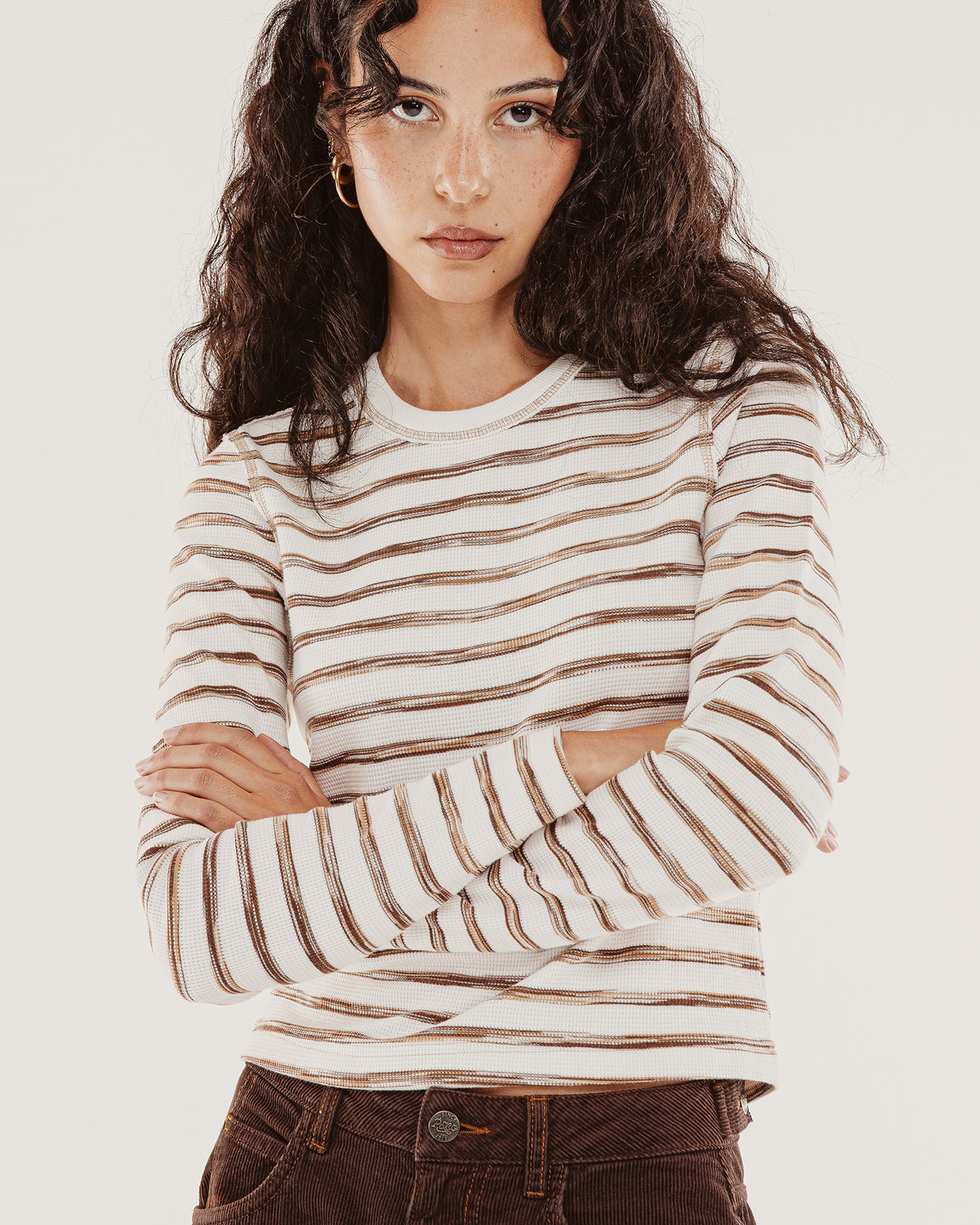 Demi Waffle Longsleeve - Tan Stripe