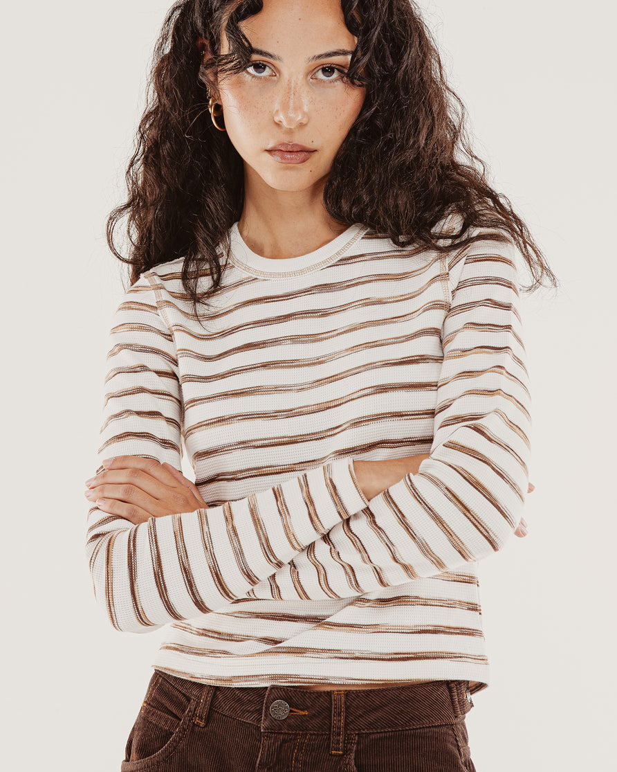Demi Waffle Longsleeve - Tan Stripe