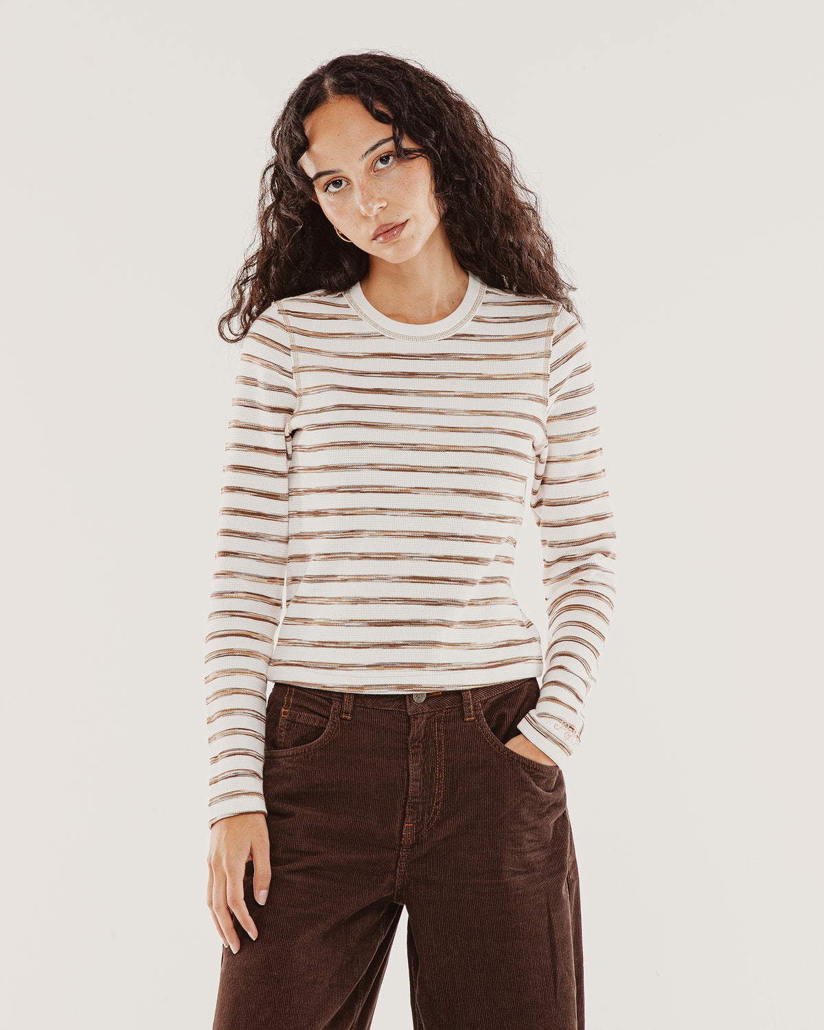 Demi Waffle Longsleeve - Tan Stripe