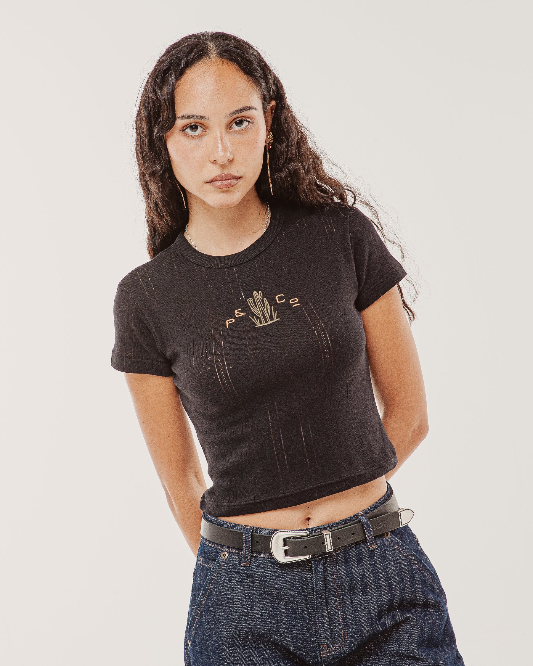 Cactus Embroidered Baby T-Shirt - Washed Black