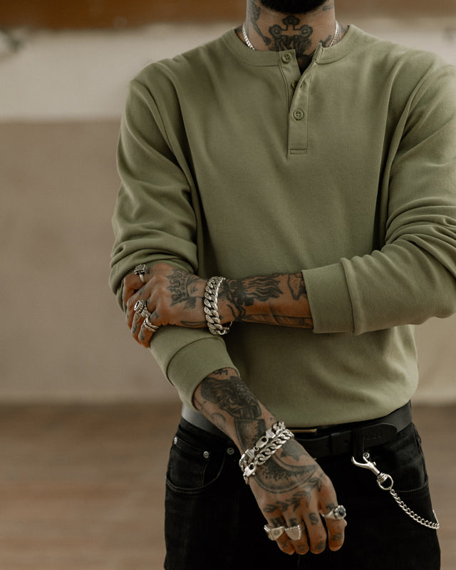 Crafted Heavyweight Henley - Military Green
